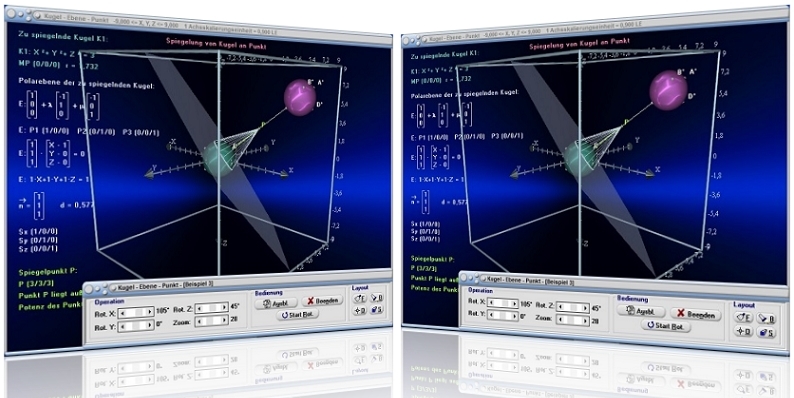 MathProf - Kugel - Ebene - Kugelgleichung - Ebenengleichung - Polarebene - Tangentialkegel - Normalenvektor - Richtungsvektor - Ortsvektor - Schnittebene - Polarebene - Tangentialkegel - Punkt - Abstand - Distanz - Tangentialebene - Schnittkreis - Gleichung - Schnittkreis Kugel Ebene -   Kugelgleichungen - Spiegelung einer Kugel an einer Ebene - Vektoren - Rechner - Berechnen