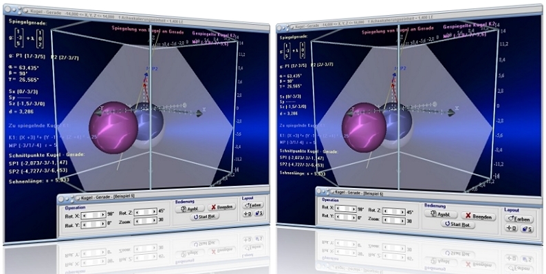 MathProf - Kugel - Gerade - Kugelgleichung - Geradengleichung - Lagebeziehung Kugel-Gerade - Abstand - Punkt - Schnittpunkt - Kugeloberfläche - Kugelvolumen - Vektorgeometrie - Rechner - Berechnen - Zeichnen