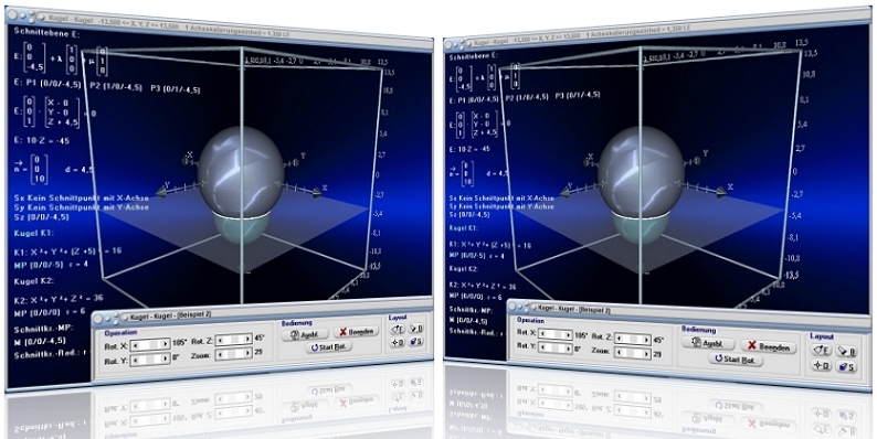 MathProf - Kugeln im Raum - Kugelgleichung - Schnittkreis zweier Kugeln - Vektorrechnung - Schnittebene zweier Kugeln - Schnittpunkt zweier Kugeln - Lage zweier Kugeln - 3D - Zwei Kugeln - Kugelschnitt - Dreidimensional - Lagebeziehung - Vektorielle Gleichung - Bild - Rechner - Berechnen
