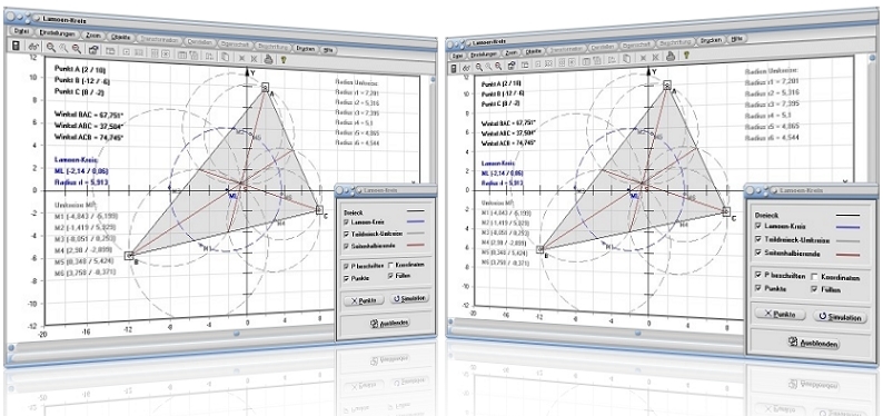 MathProf - Lamoen-Kreis- Dreieck - Berechnen - Darstellen - Winkelhalbierende - Seitenhalbierende - Innenwinkel - Plotter - Außendreieck - Beispiel - Darstellen - Graph - Rechner - Grafik - Zeichnen