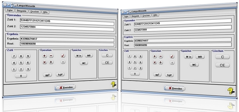 MathProf - Langarithmetik - Langzahlarithmetik - Vielfaches berechnen - Mod-Rechner - Modulorechner - Fakultät großer Zahlen - Berechnung - Multiplizieren - Addieren - Subtrahieren - Dividieren - Multiplikation - Addition - Division - Subtraktion - Quadrieren - Modulo-Rechner - Divisor - Größter gemeinsamer Teiler langer Zahlen - Kleinstes gemeinsames Vielfaches langer Zahlen - ggT - kgV - Modulo 2-Rechner - Rest - Divisionsrest - Berechnen - Rechner