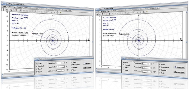 MathProf - Logarithmische Spirale - Bilder - Definition - Funktion - Kurvenlänge - Berechnen - Flächeninhalt - Polarkoordinaten - Winkel - Plotten - Zeichnen - Polarkoordinaten - Beispiel - Länge - Bogenlänge - Parameter - Flächeninhalt - Graph - Grafisch