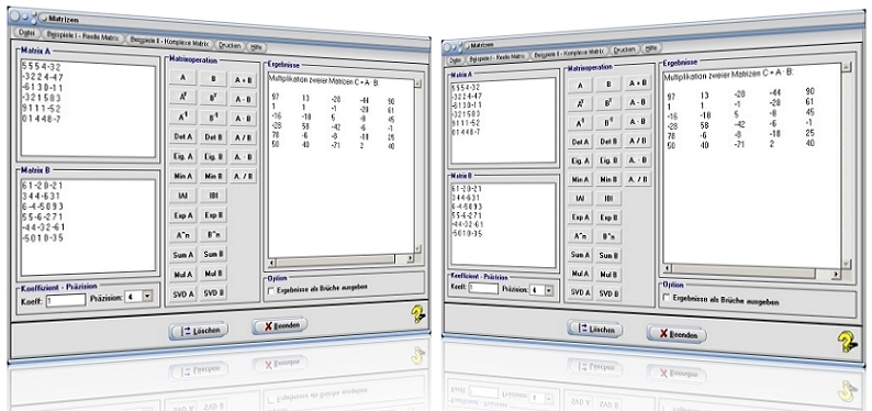 MathProf - Matrix - Matrizen - Eigenwerte - Eigenvektoren - Matrizenrechnung - Matrizenaddition - Matrizenmultiplikation - Determinante - Transponierung - Beispiel - Matrizenrechner - Komplexe Matrizen - Matrizeninversion - Inverse Matrix - Addieren - Multiplizieren - Dividieren - Quadratische Matrizen - Quadratische Matrix - Rechner - Berechnen