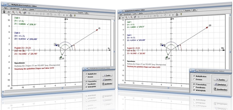 MathProf - Komplexe Zahlen - Division komplexer Zahlen - Multiplikation komplexer Zahlen - Zeigerdiagramm - Zeiger - Komplexe Zahlen multiplizieren - Komplexe Zahlen dividieren - Imaginäre Zahlen multiplizieren - Imaginäre Zahlen dividieren - Imaginäre Zahlen - Produkt - Bilder - Rechner - Berechnen - Beispiel