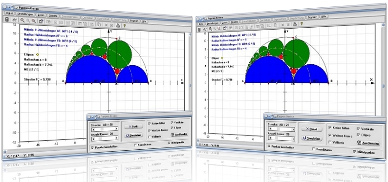 MathProf - Pappus-Kreise - Pappus Kette - Kreis - Halbkreis - Kreise - Halbkreise - Ellipse - Pappuskreise - Halbkreisbogen - Lotfußpunkt - Beispiel - Kreise im Kreis - Pappos-Kreise - Kreise im Kreis - Pappus - Problem - Halbkreisbogen - Graph - Grafisch - Plotter - Halbkreis - Darstellung - Berechnung - Rechner