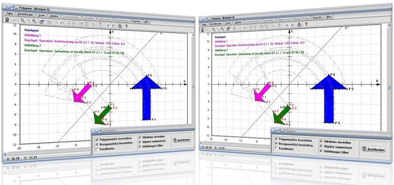 MathProf - Polygone - Rotation - Winkel - Drehwinkel - Abbildung - Geometrie - Ebene - Rotationsachse - Rotationspunkt - Rotationsrichtung - Translation - Beispiel - Stauchung - Scherung - Streckung - Achsenspiegelung - Vieleck - Vielecke - Spiegelachse - Achsensymmetrie - Figuren - Drehen - Spiegeln - Drehstrecken - Punktspiegeln - Verschieben - Strecken - Stauchen - Punktspiegelung - Punktsymmetrische Figuren - Achsensymmetrische Figuren - Berechnen - Graph - Rechner - Grafik - Zeichnen