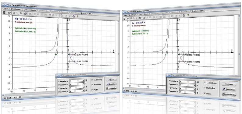 MathProf - Potenzfunktionen - Potenzfunktion - Parameter - Strecken - Nullstelle - Basis - Exponent - Ändern - Analysieren - Darstellen - Plotten - Graph - Grafik - Zeichnen - Plotter - Rechner - Berechnen - Schaubild