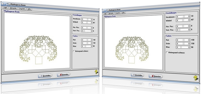 MathProf - Pythagoras-Baum - Baum des Pythagoras - Fraktale Geometrie - Selbstähnliche Figuren - Selbstähnlichkeit - Bilder - Rekursion - Rekursive Grafik - Animation - Graph - Programm - Software - Rekursiv - Rekursive Methode - Darstellung - Berechnen - Plotten - Zeichnen - Animation - Verfahren - Berechnung - Darstellen - Selbstähnliche Strukturen - Plotter