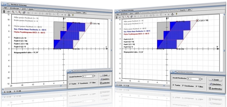 MathProf - Scherung - Rechteck - Cavallieri-Prinzip - Cavalierisches Prinzip - Geometrie - Berechnung - Darstellen - Darstellung - Fläche - Graph - Rechner - Grafik - Zeichnen