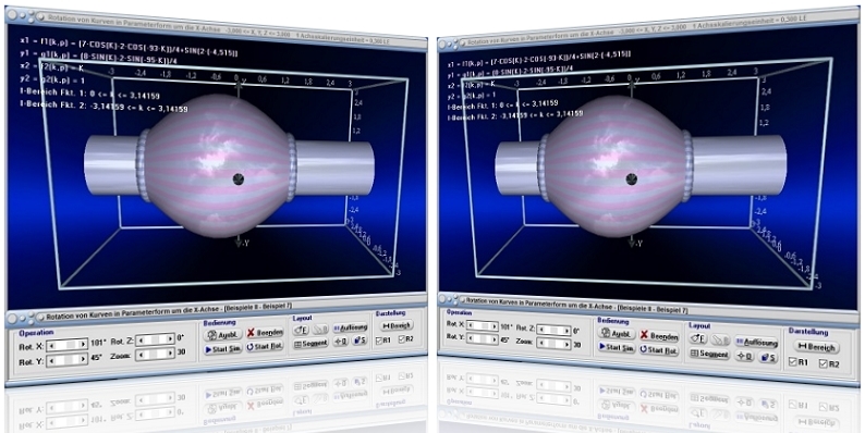 MathProf - Rotationskörper - X-Achse - Parameterdarstellung - Radius - Schwerpunkt - Volumen - Rotationsvolumen - Rauminhalt - Bogenlänge - Integralrechnung - Animation - Simulation - Beispiel - Integral - Mantelfläche - Rotation um x-Achse - Grafisch - Darstellen - Plotten - Zeichnen - Plotter - Rechner - Berechnen