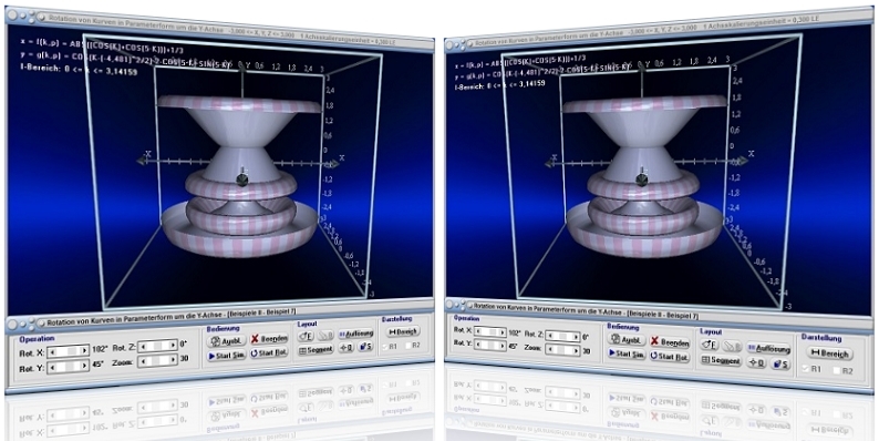 MathProf - Rotationskörper - Drekkörper - Y-Achse - Parameterkurven - Parametergleichungen - Parameterform - Parameterdarstellung - Kurven - Volumen - Körper - Animation - Fläche - Mantelfläche - Rotationsvolumen - Oberfläche - Schwerpunkt - Rauminhalt - Drehung um y-Achse - Integralrechnung - Integral - Volumen - Rotationsvolumen - Rotation um y-Achse - Bogenlänge - Grafisch - Darstellen - Plotten - Graph - Grafik - Zeichnen - Plotter - Rechner - Berechnen - Schaubild