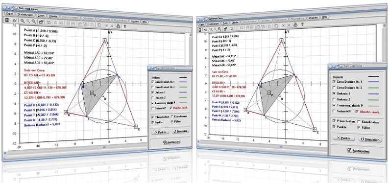 MathProf - Satz von Ceva - Dreieck - Umfang - Fläche - Höhe - Eigenschaften - Winkel - Trigonometrie - Seiten - Geometrie - Höhenfußpunkt - Beispiel - Darstellen - Graph - Rechner - Grafik - Zeichnen