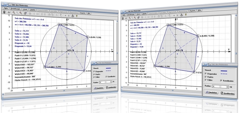 MathProf - Satz des Ptolemäus - Sehnenviereck - Winkel - Berechnen - Diagonalen - Kreis - Winkel - Diagonalen - Innenwinkel - Beispielangentenvieleck - Eigenschaften - Flächeninhalt - Innenwinkel - Graph - Grafisch - Graph - Rechner - Grafik - Zeichnen