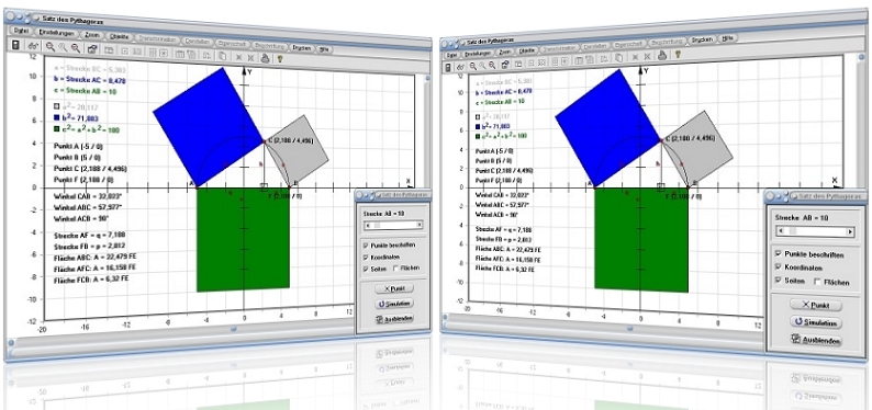 MathProf - Satz des Pythagoras - Satz von Pythagoras - Ankathete - Gegenkathete - Kathete - Katheten - Hypotenuse - Berechnung - Beweis - Formel - Animation - Beispiel - Dreieck - Darstellen - Rechner - Berechnen - Zeichnen