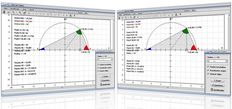 MathProf - Satz des Thales - Thalessatz - Thaleskreis - Formel - Halbkreis - Winkel - Berechnen - Graph - Grafisch - Bild - Rechner - Grafik - Zeichnen - Darstellung - Berechnung - Darstellen - Animation