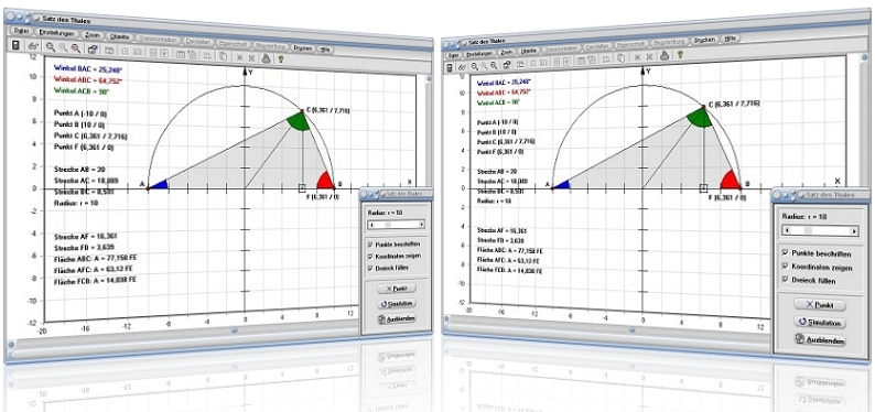 MathProf - Satz des Thales - Thalessatz - Thaleskreis - Formel - Halbkreis - Winkel - Berechnen - Graph - Grafisch - Bild - Rechner - Grafik - Zeichnen - Darstellung - Berechnung - Darstellen - Animation - Geometrischer Beweis - Anwendung - Arbeitsblatt