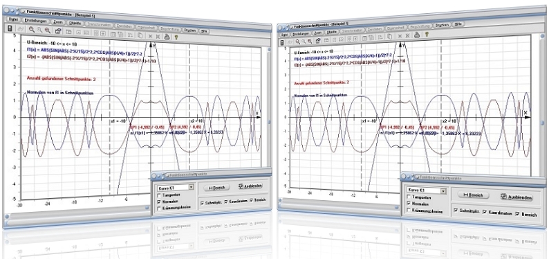 MathProf - Schnittpunkte - Kurven - Funktionen - Schnittpunktbestimmung - Schnittpunkte von Graphen - Gemeinsamer Punkt - Schnittwinkel zweier Graphen - Funktionen gleichsetzen - Funktionsgraphen - Beispiel - Schnittpunkt - Schnittpunktberechnung - Funktionsschnittpunkte - Schnittwinkel - Winkel - Darstellen - Plotten - Graph - Grafik - Zeichnen - Plotter - Rechner - Berechnen - Bestimmen