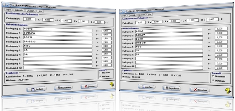 MathProf - Simplex - Methode - Programm - Maximierung - Minimierung - Minimum - Maximum - Bedingungen - Koeffizienten - Optimierungsverfahren - Kosten - Kostenrechnung - Kostenminimierung - Optimierung - Optimierungsaufgaben - Optimierungsmethode - Rechner - Berechnen