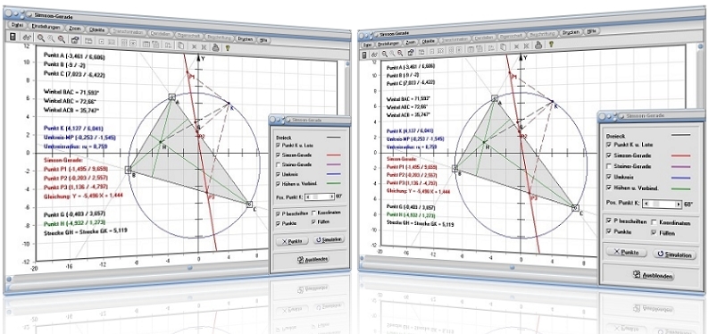 MathProf - Simsonsche Gerade - Simson-Gerade - Dreieck - Umkreis - Innenwinkel - Höhe - Eigenschaften - Winkel - Berechnen - Trigonometrie - Seiten - Geometrie - Beispiel - Grafik - Darstellung - Berechnung - Zeichnen - Darstellen