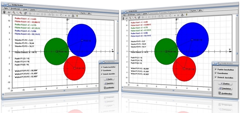 MathProf - Soddy - Berührende Kreise - Drei Kreise - Tangierende Kreise - Dreieck - Kreise in einem Kreis - Touching circles - Berechnen - Graph - Rechner - Grafik - Zeichnen