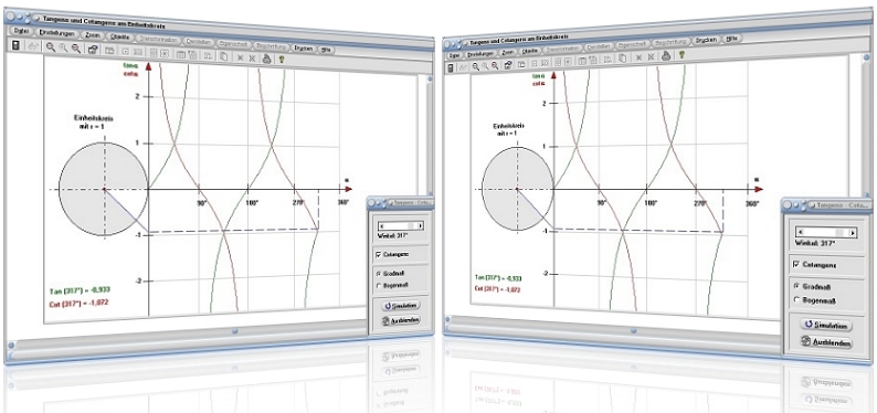 MathProf - Tangens - Einheitskreis - Cotangens - Definition - tan pi - tan pi/2 - tan pi/3 - tan pi/4 - tan pi/6 - tan 0 - tan 30 - tan 60 - tan 90 - tan 180 - tan 0° - tan 30° - tan 60° - tan 90° - tan 180° - tan 0 Grad - tan 30 Grad - tan 60 Grad - tan 90 Grad - tan 180 Grad - Einheitskreis - Tangenswerte - Eigenschaften - Winkelfunktionen  - Tan - Cot - Nullstellen - Periode - Animation - Rechner - Berechnen