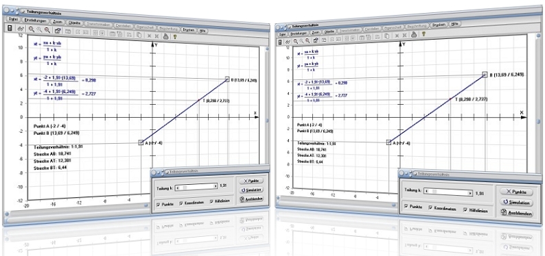 MathProf - Teilungsverhältnis - Teilungsverhältnisse - Bestimmen - Teilung - Teilen - Strecke - Verhältnis - Streckenteilung - Teilung von Strecken - Teilverhältnis - Beispiel - Darstellen - Plotten - Graph - Rechner - Berechnen - Grafik - Zeichnen - Plotter