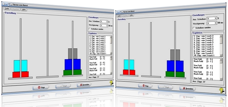 MathProf - Türme von Hanoi - Spiel - Scheiben - Lösung - Feld - Türme - Hanoi - Turmbau von Hanoi - Berechnung - Rekursiv - Dauer - Lösung - Züge - Graph - Grafisch - Programm - Simulation - Dauer - Anleitung - Spiel - Anzahl - 5 Scheiben
