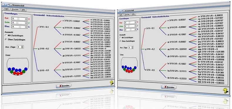 MathProf - Urnenmodell - Urnenmodelle - Baumdiagramm - Binomialkoeffizient - Kugeln - Hypergeometrische Verteilung - Ohne Zurücklegen - Ziehen - Beispiel - Wahrscheinlichkeit - Geordnet - Mehrstufige Zufallsversuche - Mehrstufige Zufallsexperimente - Rechner - Berechnen