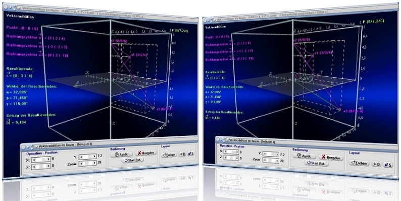 MathProf - Vektoraddition - 3D - Raum - Resultierende - Winkel - Vektoren addieren - Darstellen - Berechnen - Richtungsvektor - Richtungsvektoren - Betrag - Ortsvektor - Vektoradditon im Raum - Vektoren 3D - Dreidimensionale Vektoren - Vektorgeometrie - Graph - Rechner - Zeichnen