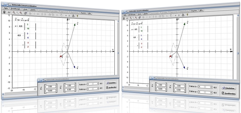 MathProf - Vektoren - Linearkombination - Darstellung - Berechnung - Skalar - Faktor - Summe - Berechnen - Darstellen - Bestimmen - Grafisch - Gerade - Beispiel - Rechner - Grafik - Zeichnen - Plotter - Zwei Vektoren - Linearkombinationen