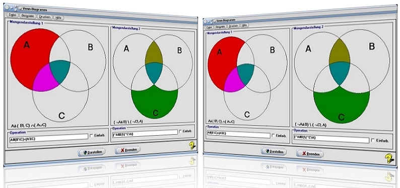 MathProf - Venn-Diagramm - Euler-Diagramm - Vereinigungsmengen - Schnittmengen - Differenzmengen - Teilmengen - Komplementmengen - Durchschnittsmengen - Beispiel - Mengenalgebra - Mengenoperationen - Mengenverknüpfungen - Grundmenge - Differenzmenge - Durchschnittsmenge - Grundgesamtheit - 2 Mengen - 3 Mengen - Veknüpfungen - Komplement einer Menge - Komplementmenge