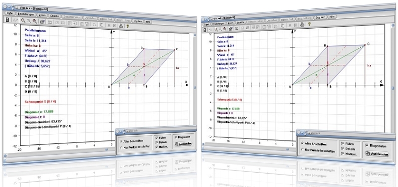 MathProf - Parallelogramm - Viereck - Flächeninhalt - Umfang - Höhe - Seite - Berechnen - Berechnung - Schwerpunkt - Flächenschwerpunkt - Eigenschaften - Diagonalenschnittpunkt - Seitenlänge - Rechner - Zeichnen - Diagonalen - Formeln