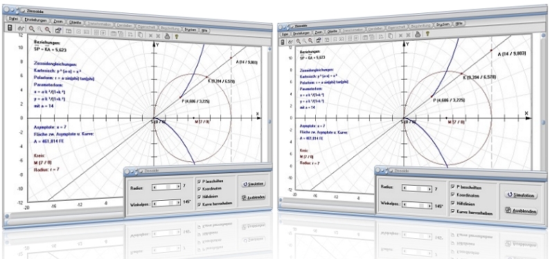 MathProf - Zissoide - Efeu-Kurve - Kurve 3. Ordnung - Diokles - Kreis - Polarkoordinaten - Polarform - Zissoide des Diokles - Asymptote - Beispiel - Darstellen - Plotten - Graph - Rechner - Berechnen - Grafik - Zeichnen - Plotter