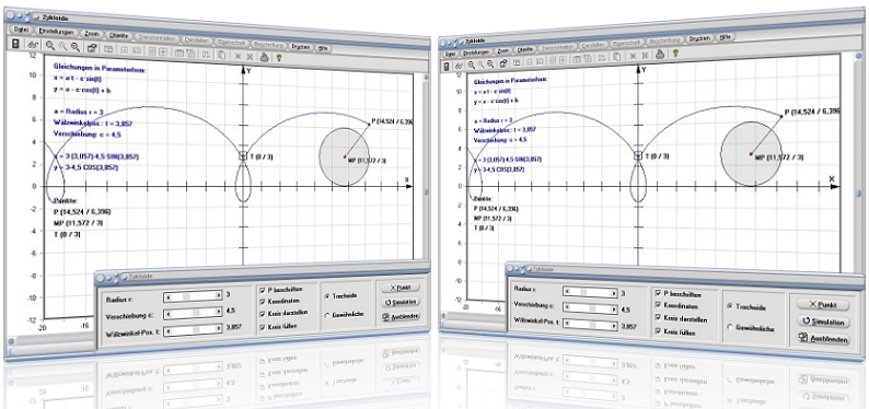 MathProf - Zykloide - Trochoide - Rollkurve - Fläche - Bogenlänge - Periode - Animation - Winkel - Beispiel - Plotten - Zeichnen - Bahnkurve - Berechnen - Funktion - Gleichung - Kurve - Länge - Bogenlänge - Zykoidenbahn - Parameterdarstellung - Verlängerte Zykloide - Verkürzte Zykloide - Graph - Rechner - Grafik