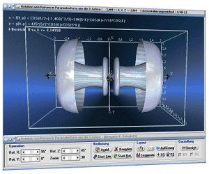 MathProf - Rotierende Körper - Parameterform - Parameter - Animation - X-Achse - Volumen - Rotationskörper - Rotationsvolumen - Mantelfläche - Rotationsintegral - Rotationsfläche - Volumenintegral - Rotation um die x-Achse - Bogenlänge - Rauminhalt - Rotationssymmetrische Gebilde - Rechner - Berechnen - Beispiel - Grafik - Zeichnen - Darstellen - Darstellung 