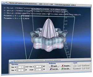 MathProf - Funktionen mit zwei Variablen - Regelfäche - Parametrisierte Flächen - Parametrische Flächen - Parametrisierung von Flächen - Gekrümmte Fläche -   3D-Surface plotter - 3D-Grafiken - Rechner - Graph - Plotter - Bilder - Plotten - Darstellung - Darstellen