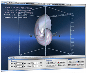 MathProf - Fläche - Raum - Funktion - Parameterdarstellung - Dreidimensional - 3D - R3 - Funktionsplotter - Mehrdimensionale Funktionen - Grafische Darstellung -    Dreidimensionale Funktionen - Mehrere Variablen -  x = f(u,v), y = g(u,v), z = h(u,v) - Graph - Plotter - Bilder - Plotten - Darstellung - Darstellen