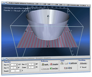 MathProf - 3D-Plotter - Gleichungen mit 2 Unbekannten - 3D-Plotter - Funktion mit 2 Variablen - Mehrdimensionale Funktionen - Plotten - 3D-Flächen implizit -Darstellen - Flächenfunktion - 3D-Koordinatensystem - Funktionenplotter - Implizite Funktionen - Implizite Gleichung - Implizite Darstellung von Flächen - Graph - Grafisch