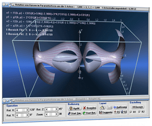 MathProf - Rotation - Rotieren - Körper - x-Achse - Integral - Parameterform - Parameter - Drehen - Raum - Räumlich - Volumen - Präsentation - Integral - Volumen - Graph - Rechner - Berechnen - Grafik - Zeichnen - Plotter - Rotationsvolumen - 3D - Mantelfläche - Mantel - Darstellen - Drehachse 