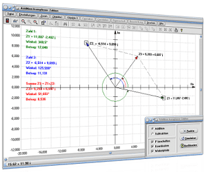 MathProf - Addition komplexer Zahlen - Subtraktion komplexer Zahlen - Zeigerdiagramm zum Addieren und Subtrahieren komplexer Zahlen - Rechnen mit   komplexen Zahlen - Komplexe Zahlen - Addieren - Subtrahieren - Summe komplexer Zahlen - Bild - Darstellen - Plotten - Graph - Rechner - Berechnen - Grafik - Zeichnen - Plotter