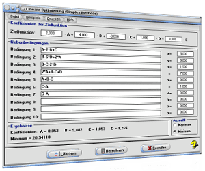 MathProf - Simplex-Verfahren - Simplex-Algorithmus - Simplex-Methode - Simplexverfahren - Simplexmethode - Programm - Maximierung - Wirtschaftsmathematik - Minimierung - Minimum - Maximum - Bedingungen - Koeffizienten - Rechner - Berechnen