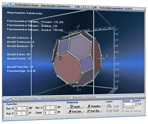 MathProf - Archimedische Körper - Abgestumpftes Kuboktaeder - Kuboktaeder - Vielflächner - Körper - 3D-Rotation - Dreidimensionale Körper - Konvexe Polyeder - Halbreguläre Polyeder - Semireguläre Polyeder - Volumen - Flächen - Punkte - Kantenmodell -  Inkugel - Umkugel  - Bild - Darstellen - Plotten - Graph - Rechner - Berechnen - Grafik - Zeichnen - Plotter