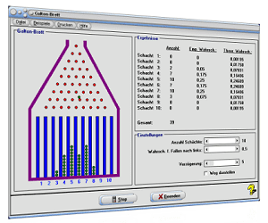 MathProf - Galtonbrett - Galton board - Galtonsches Nagelbrett - Galtonsches Brett - Galton-Brett - Nagelbrett - Spiel - Empirische Wahrscheinlichkeit - Theoretische   Wahrscheinlichkeit - Binomialverteilung - Bernoulli - Bild - Plotter - Stufen - Funktionsweise - Tabelle - Graph - Rechner - Animation