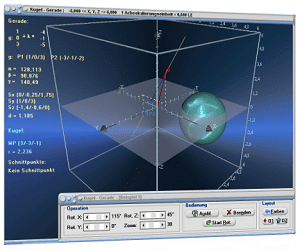 MathProf - Kugel - Gerade - Schnittpunkt - Abstand - Lagebeziehung - Lage - Kugelgleichung - Schnittpunkte - Kugel durch 4 Punkte - Abstand Kugel-Gerade -   Richtungswinkel - Darstellen - Plotten - Graph - Rechner - Berechnen - Grafik - Zeichnen - Plotter