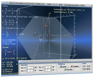 MathProf - Ebene - Gerade - Raum - 3D - Schnitt - Parallel - N-Vektor - Normalenvektor - Spurpunkte - Schnittpunkt - Parameterform - Normalenform - Vektoren -   Abstandsberechnung - Abstand - Bild - Darstellen - Plotten - Graph - Rechner - Berechnen - Grafik - Zeichnen - Plotter