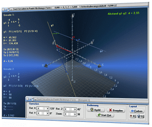 MathProf - Geraden im Raum - Windschiefe Geraden - Schnittwinkel - Parameterdarstellung - Parameterform - Geradengleichung - Punkt-Richtungsform -   Windschiefe Geraden - Parallele Geraden - Schnittpunkt zweier Geraden - Bild - Darstellen - Plotten - Graph - Rechner - Berechnen - Grafik - Zeichnen - Plotter