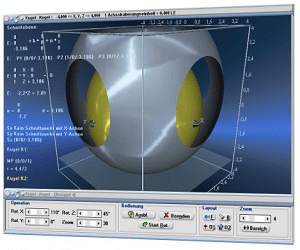 MathProf - Kugelschnitt - Kugelgleichung im Raum - Dreidimensional - 3D - Bild - Grafik - Darstellung - Berechnung - Berechnen - Rechner - Formeln - Plotten - Graph - Gleichung - Darstellen - Lage Kugel Kugel - Plotten 