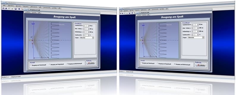 PhysProf - Einzelspalt - Doppelspalt - Beugung - Lichtspalt - Lichtstrahl - Strahl - Wellen - Vorgang -  Darstellen - Bild - Grafik - Spaltabstand - Berechnung - Spalt - Gitter - Extrema - Beugungsgitter - Intensität - Gitterkonstante - Wellenlänge - Rechner - Formel