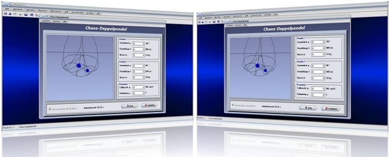 PhysProf - Doppelpendel - Elongation - Physik - Animation - Chaotische Bewegung - Chaotische Systeme - Lösung - Mechanik - Ebenes Doppelpendel - Physikalisch - Graphik - Simulation - Schwingung - Funktion - Gedämpft - Chaotisches Doppelpendel