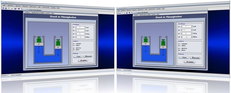 PhysProf - Druck - Flüssigkeit - Wasser - Kraft  - Auflagedruck- Druckübersetzung - Druckübersetzer - Druckkraft - Druckkräfte - Kraftübersetzung - Volumenverdrängung - Verdrängung - Arbeitsblatt - Arbeitsblätter - Unterrichtsmaterial - Fläche - Verhältnis - Formel - Statischer Druck - Physikalischer Druck - Wirkung - Physik - Kolbendruck - Flächenverhältnis - Hydraulik - Bild - Beispiel - Grafik - Berechnung - Rechner - Darstellen - Berechnen - Einheit